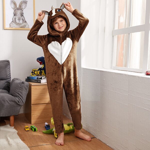

Boys Heart Pattern Ears Hooded Teddy Sleep Jumpsuit, Coffee brown