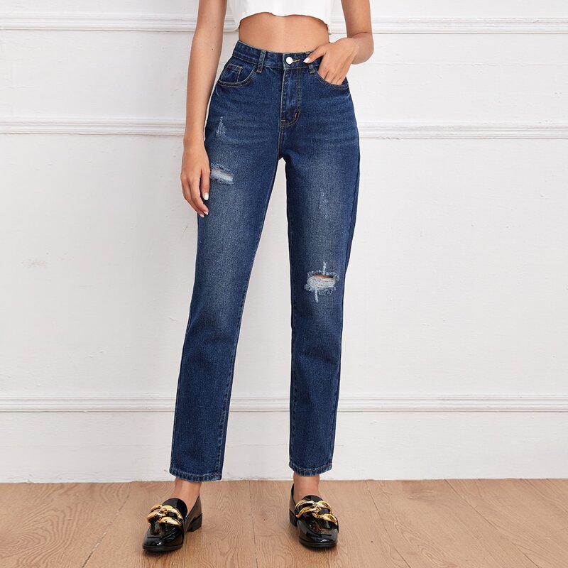 

High-Waisted Ripped Mom Jeans, Dark wash