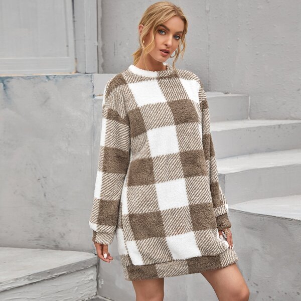

Drop Shoulder Buffalo Plaid Teddy Sweatshirt Dress, Multicolor