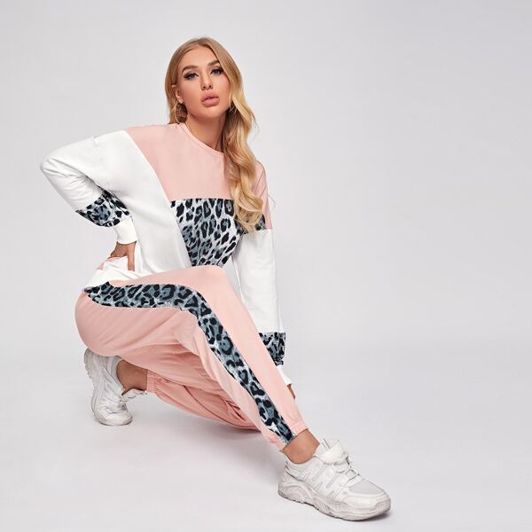 

Drop Shoulder Leopard Panel Colorblock Pullover & Joggers Set, Multicolor