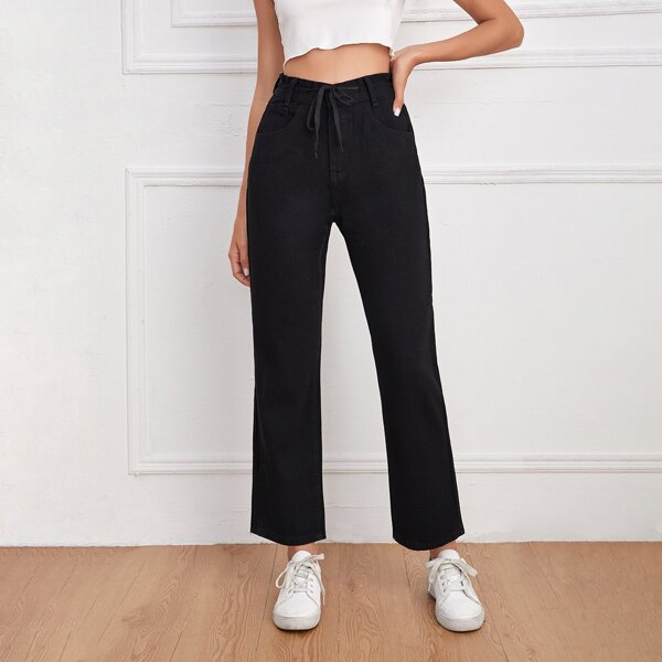

Tied High Waist Straight Leg Jeans, Black
