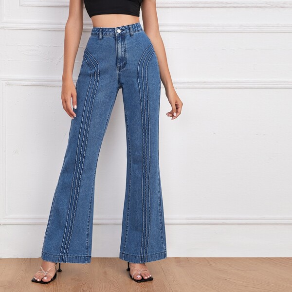 

High Waist Whip Stitch Flare Leg Jeans, Medium wash