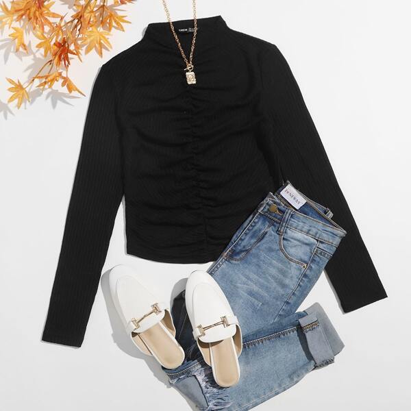 

Mock-neck Ruched Front Solid Tee, Black