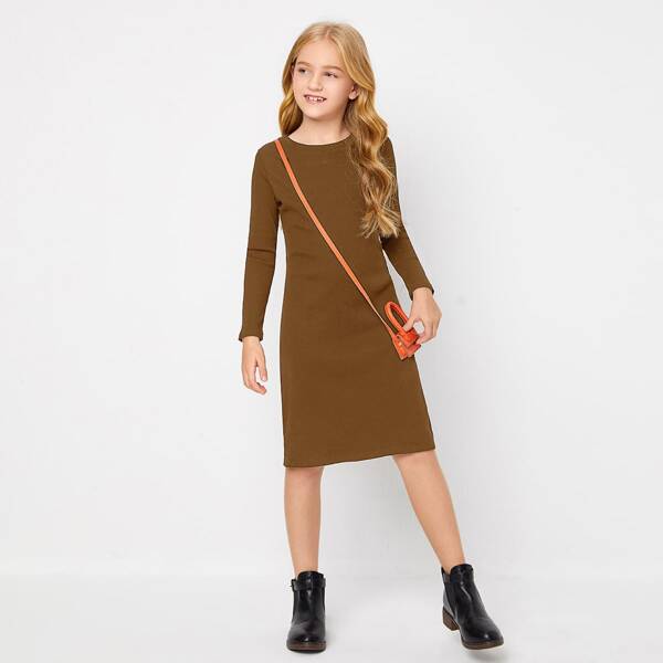 

Girls Solid Rib-knit Dress, Chocolate brown
