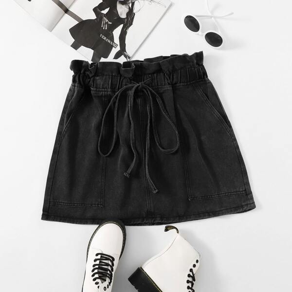 

Plus Drawstring Paperbag Waist Denim Skirt, Black
