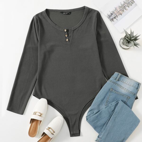 

Plus Solid Button Front Tee Bodysuit, Dark grey