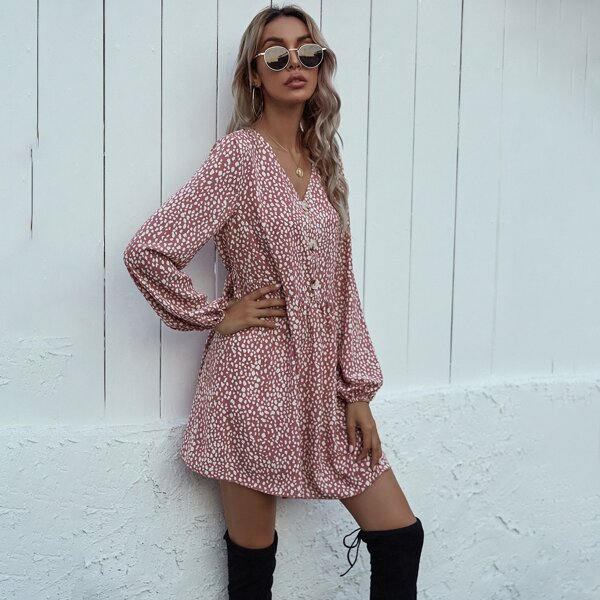

V-neck Bishop Sleeve Button Front Babydoll Dress, Dusty pink