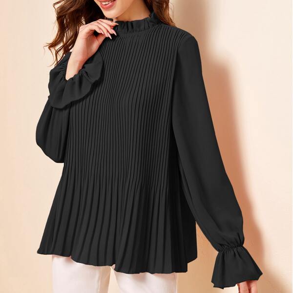 

Ruffle Trim Pleated Blouse, Black