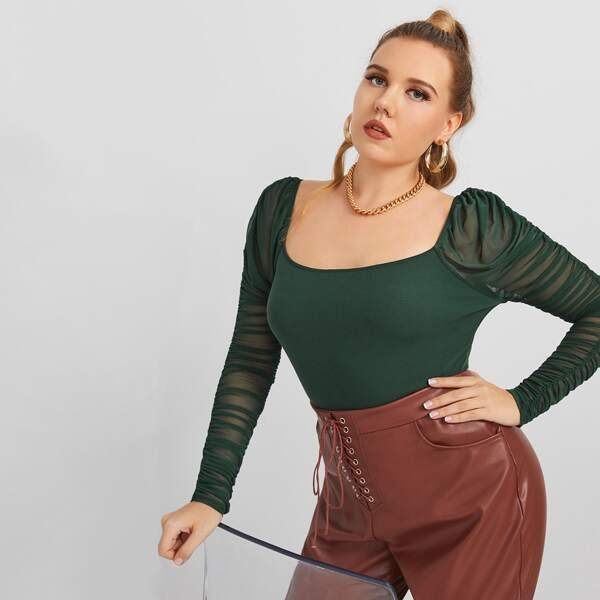 

Plus Ruched Sheer Mesh Sleeve Top, Dark green