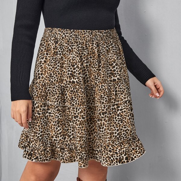 

Plus Layered Ruffle Hem Leopard Skirt, Multicolor