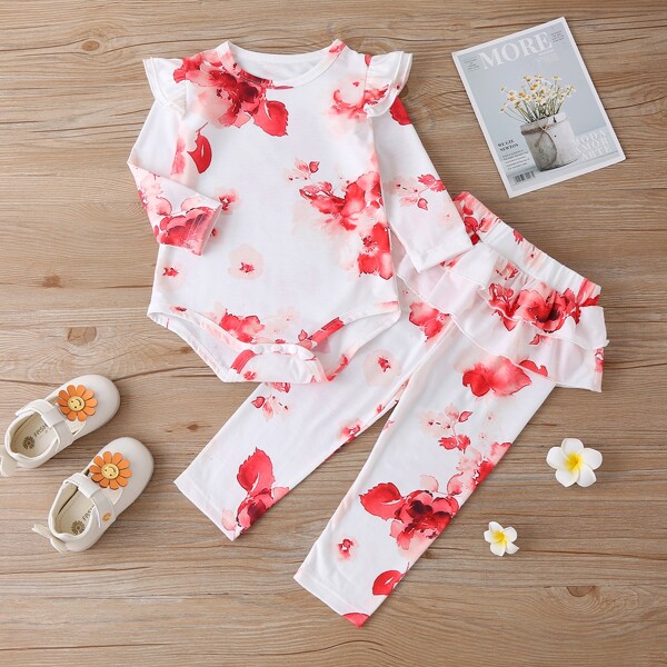 

Baby Girl Floral Bodysuit With Layered Ruffle Pants, Multicolor