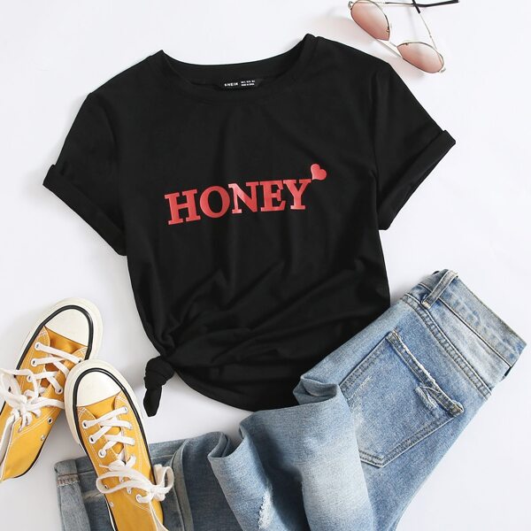 

Letter & Heart Print Tee, Black