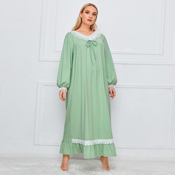 

Plus Tie Front Guipure Lace Tape Nightdress, Pastel mint green