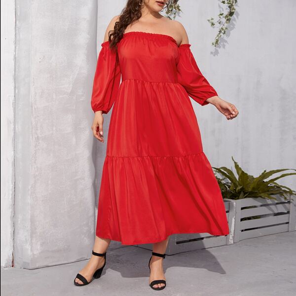 

Plus Off Shoulder Frill Trim Smock Dress, Red