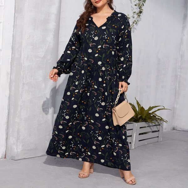 

Plus V Neck Allover Plants Smock Dress, Multicolor