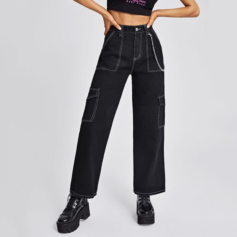 

High Waist Flap Pocket Chain Detail Jeans, Black