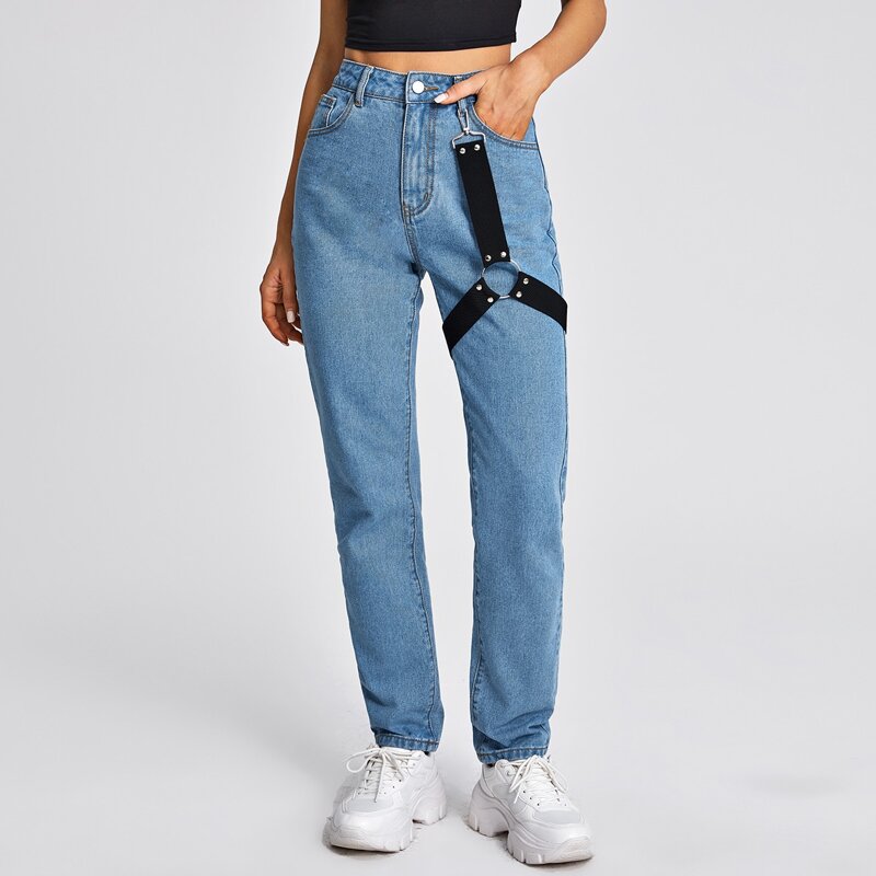 

High Waist Strap Detail Mom Jeans, Medium wash