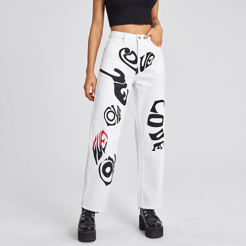

High Waist Letter Graphic Straight Leg Jeans, White
