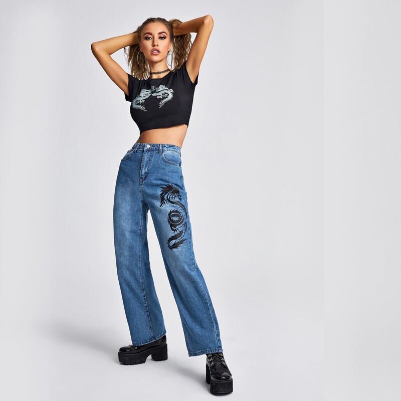 

High Waist Chinese Dragon Print Jeans, Medium wash