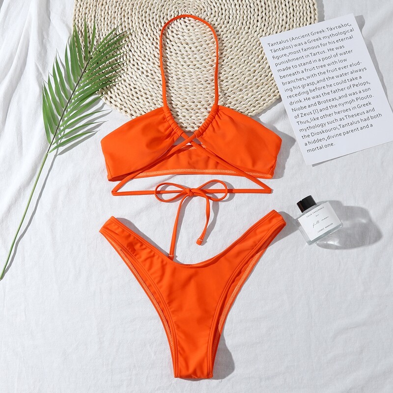 

Solid Tie Front Halter Bikini Swimsuit, Orange