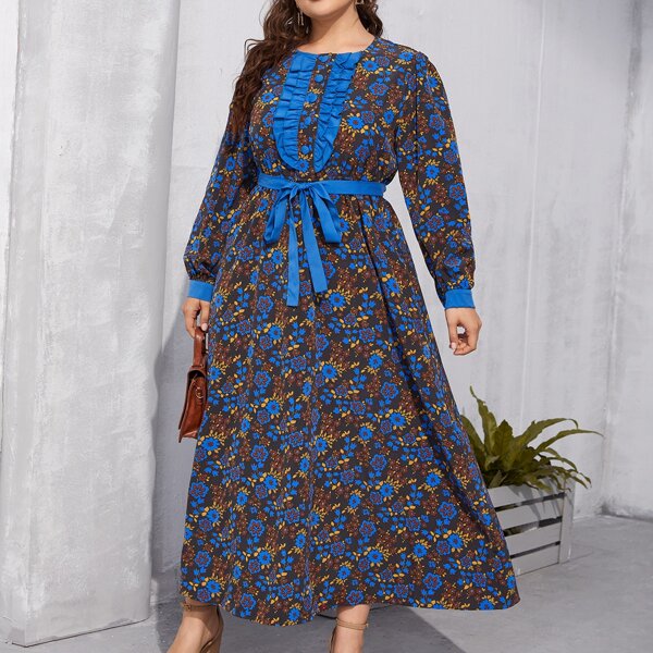 

Plus Allover Floral Ruffle Trim Belted Dress, Multicolor