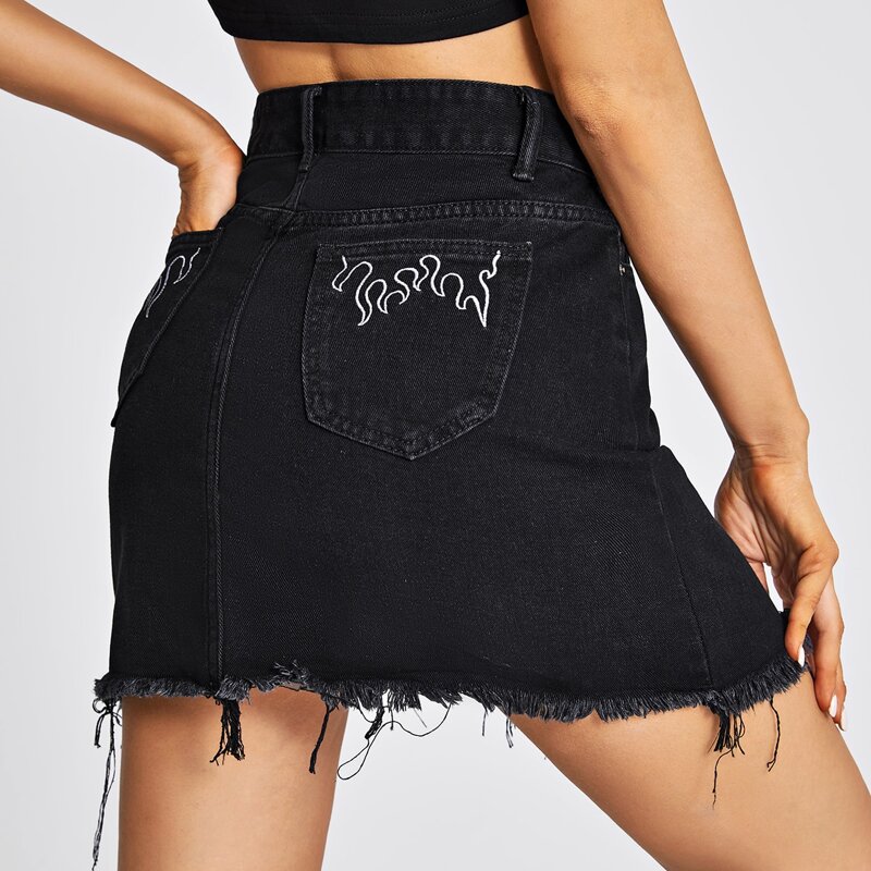 

Fire Embroidery Raw Hem Mini Denim Skirt, Black