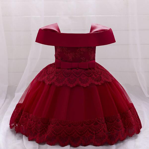 

Baby Girl Lace Panel Bow Gown Dress, Burgundy