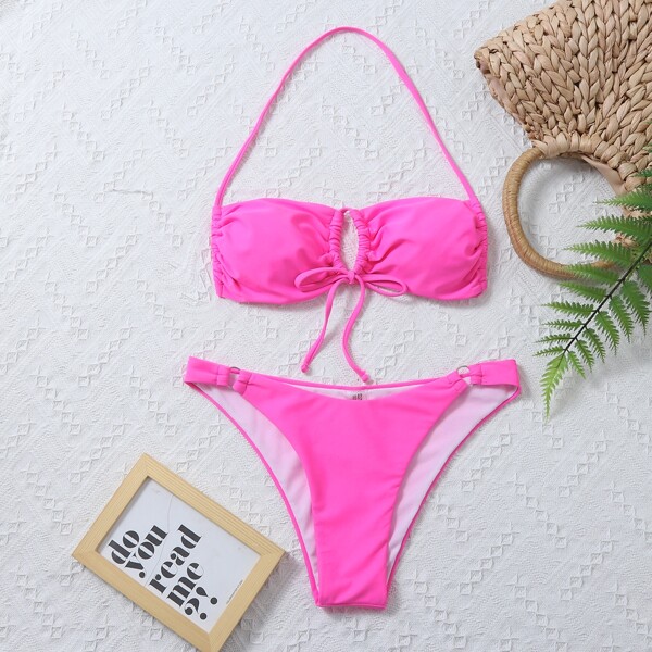 

Neon Pink Tie Front Halter Bikini Swimsuit, Hot pink