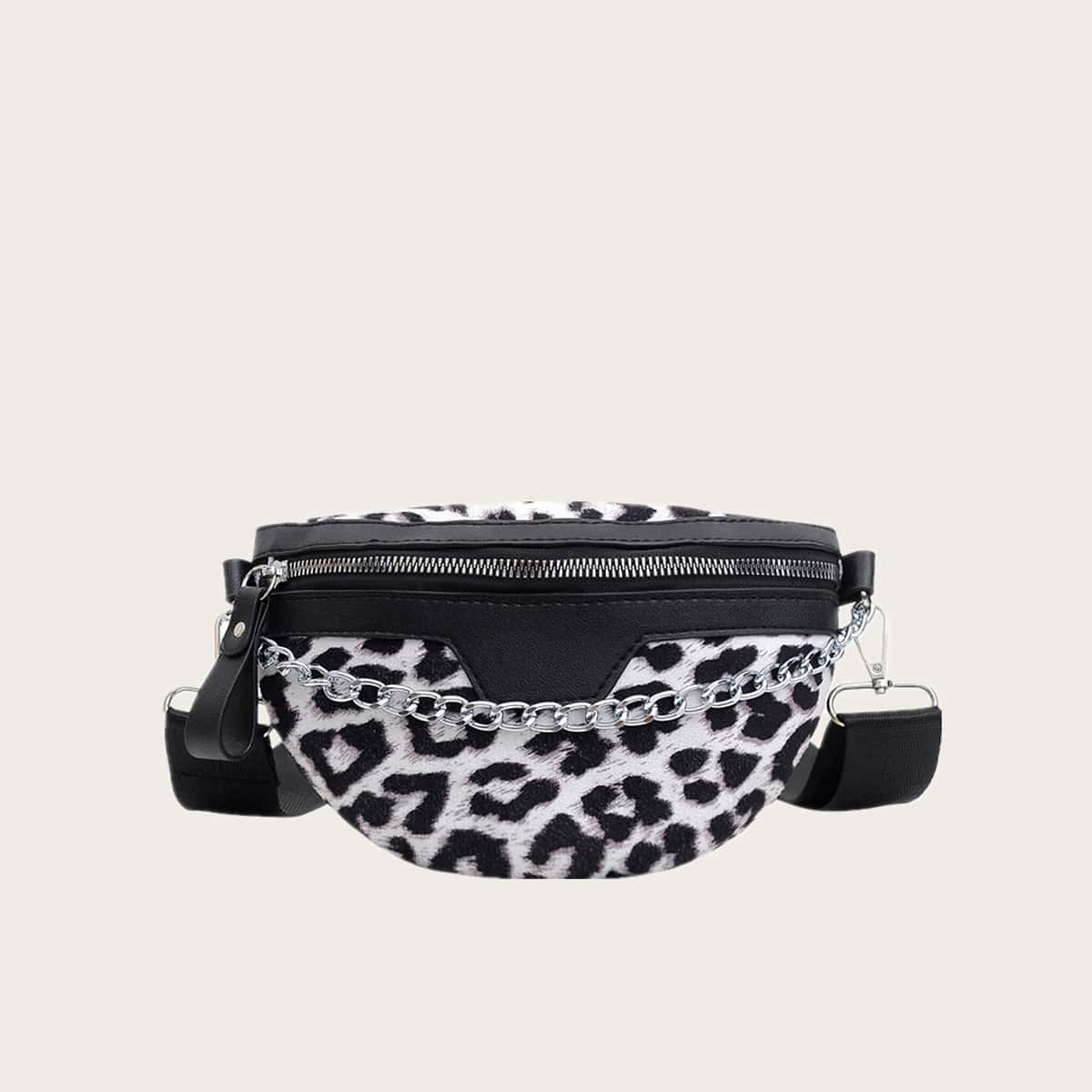 

Leopard Chain Decor Fanny Pack, White