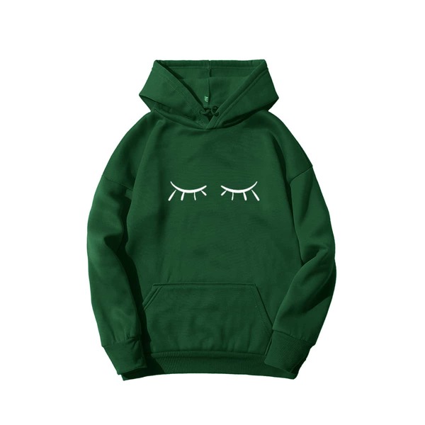 

Eyelash Print Kangaroo Pocket Thermal Lined Hoodie, Green