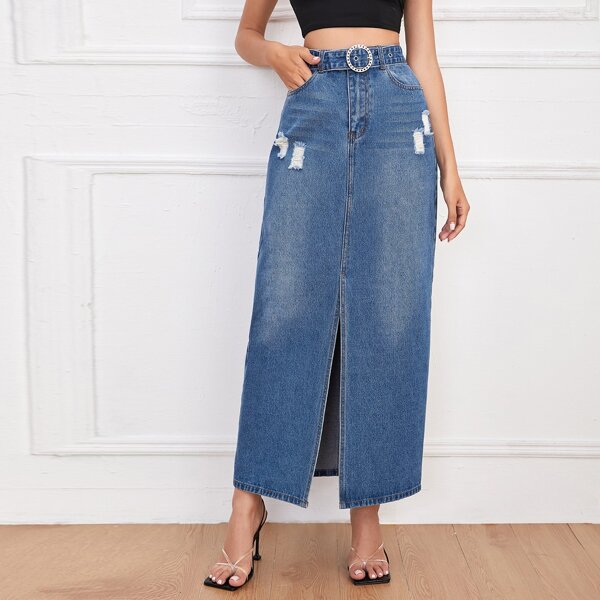 

High Waist Belted Ripped Slit Denim Skirt, Medium wash