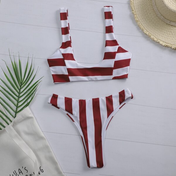 

Striped Bikini Swimsuit, Red and white
