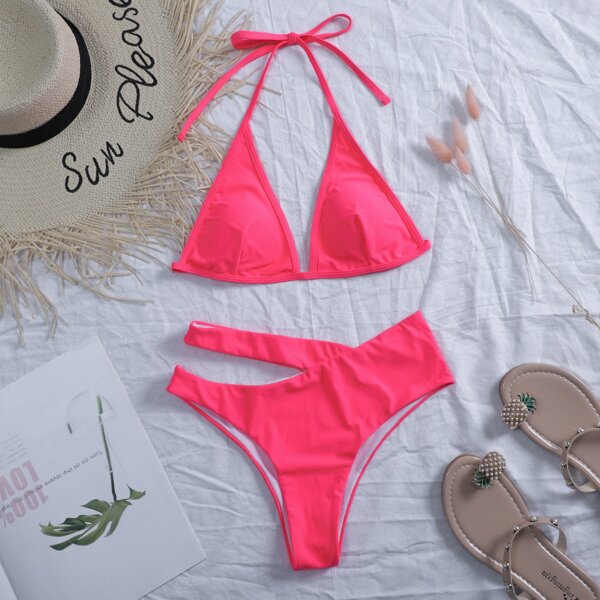 

Cut-out Triangle Bikini Swimsuit, Pink bright