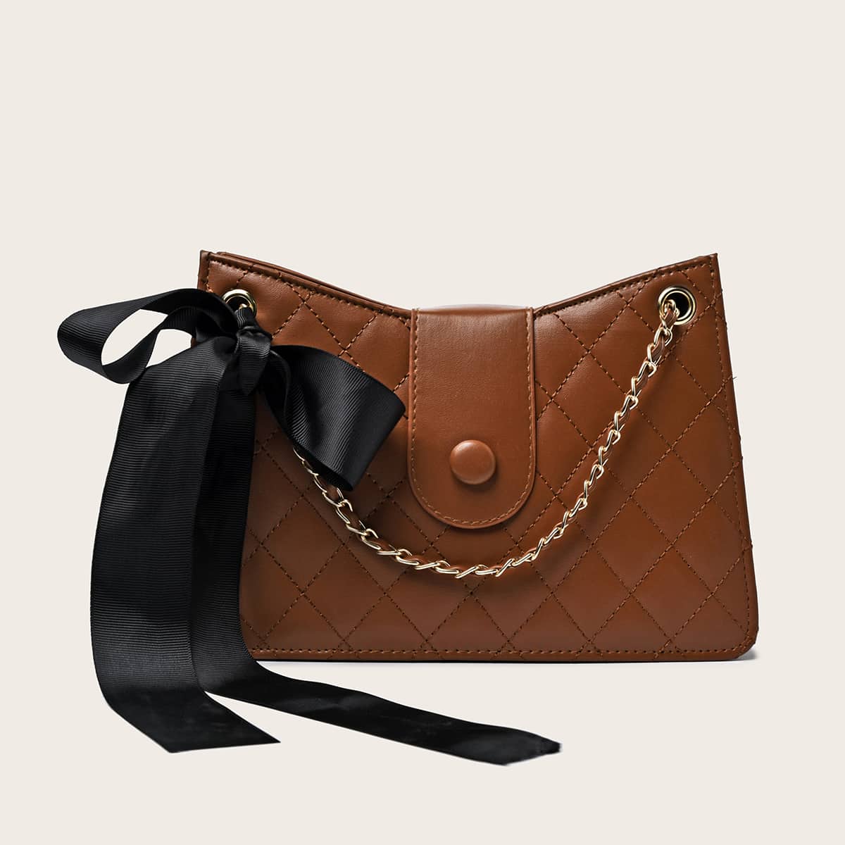 

Ribbon Decor Quilted Chain Shoulder Bag, Brown