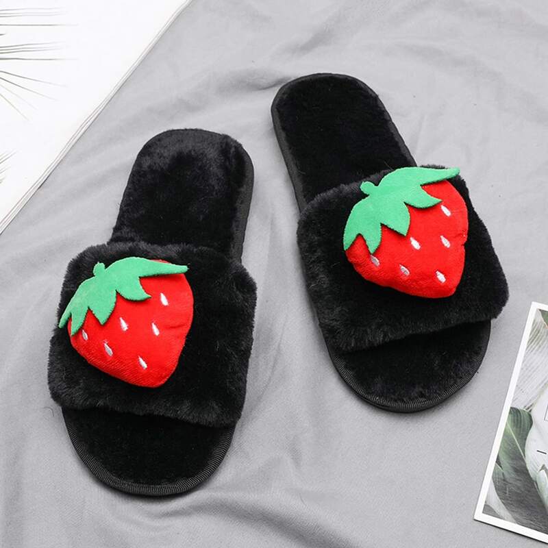 

Faux Fur Fluffy Strawberry Slippers, Black