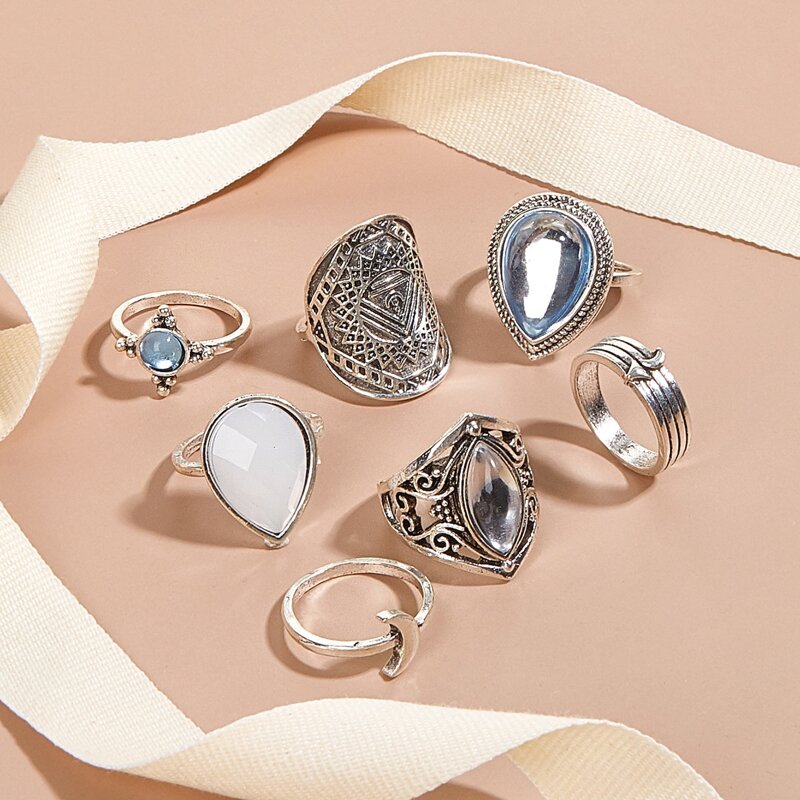 

7pcs Rhinestone Ring, Silver