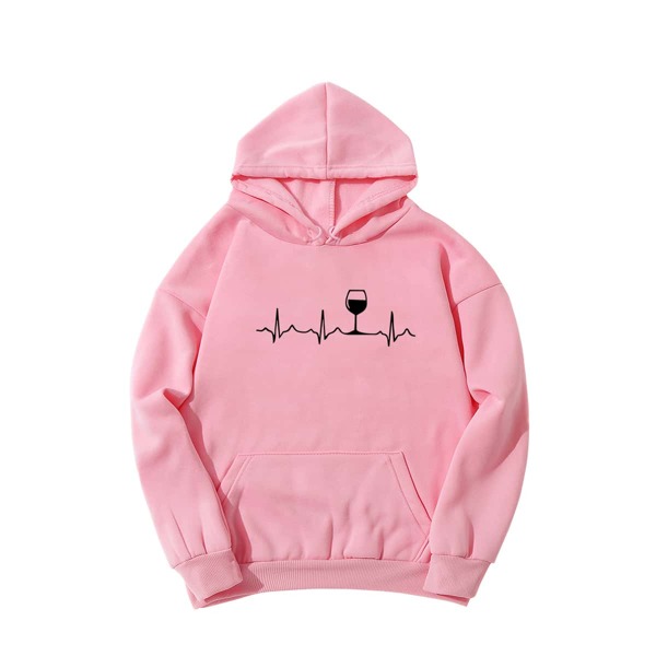 

Wine Glass And ECG Print Thermal Hoodie, Baby pink
