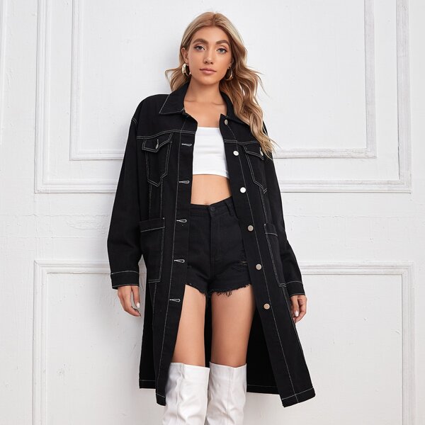 

Drop Shoulder Pocket Patched Denim Coat, Black