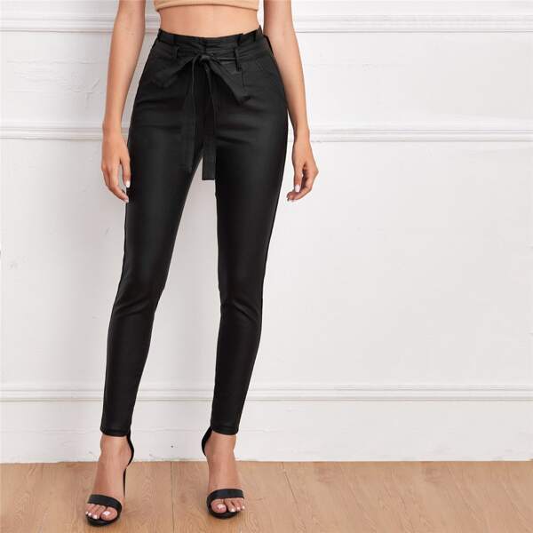 

Paperbag Waist Belted Patent Skinny Jeans, Black