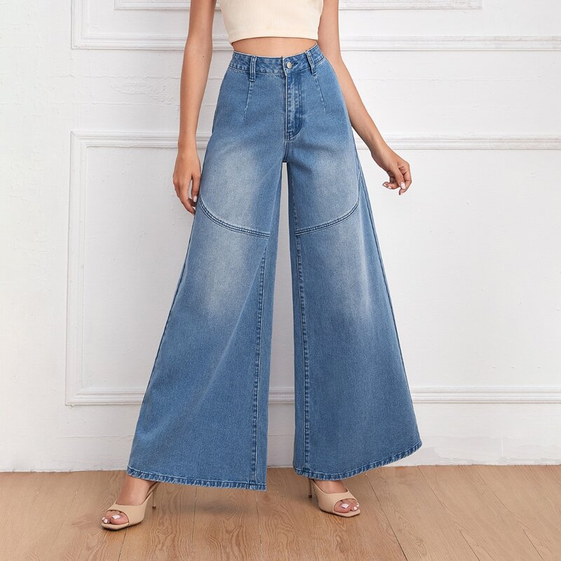 

Bleach Wash High Waist Wide Leg Jeans, Light wash