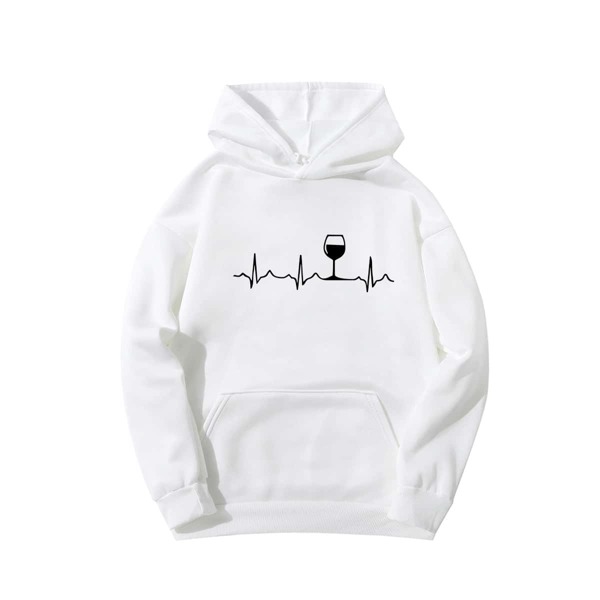 

Wine Glass And ECG Print Thermal Hoodie, White