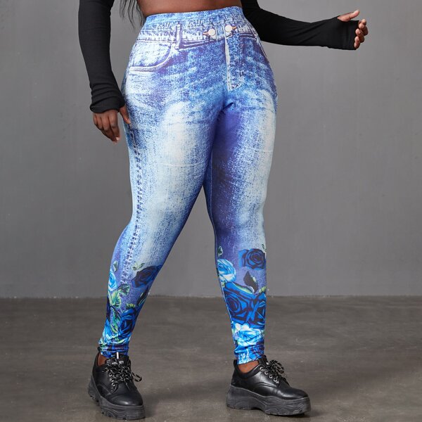 

Plus Floral Print Jeggings, Blue