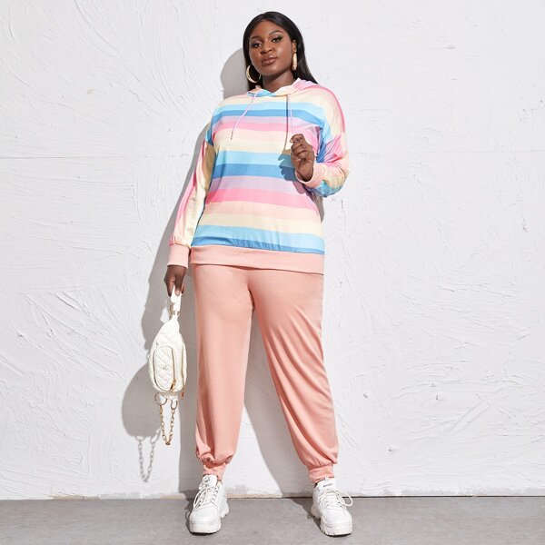 

Plus Rainbow Striped Hoodie & Sweatpants, Multicolor
