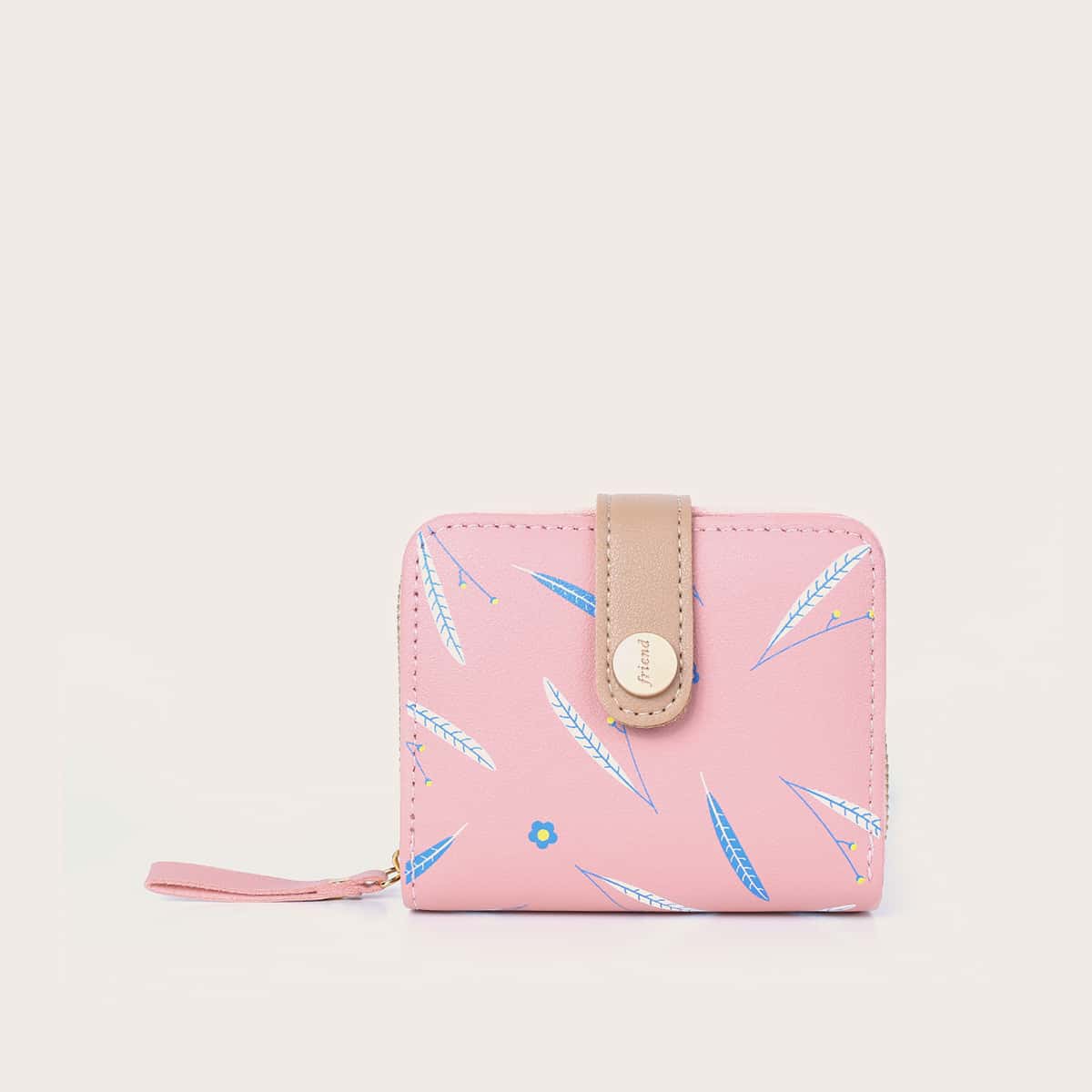 

Leaf Print Zip Around Purse, Pink