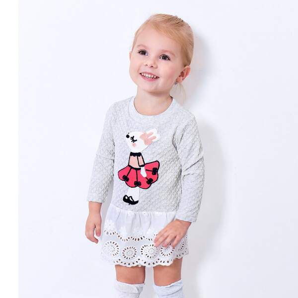 

Toddler Girls Schiffy Panel Cartoon Patched Dress, Grey
