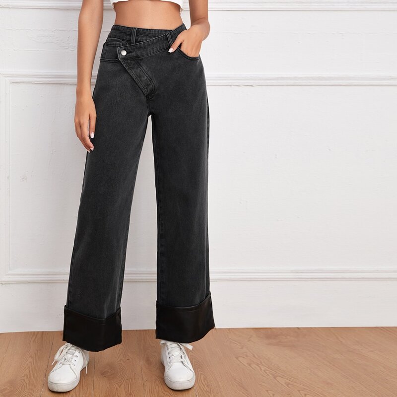 

Asymmetrical High Waist Wide Leg Jeans, Black