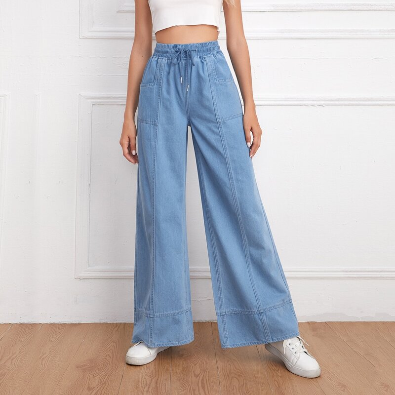 

Drawstring High Waist Wide Leg Jeans, Light wash
