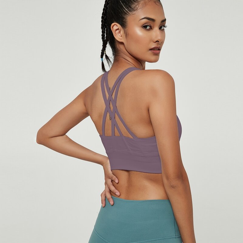 

Crisscross Back Solid Sports Bra, Mauve purple