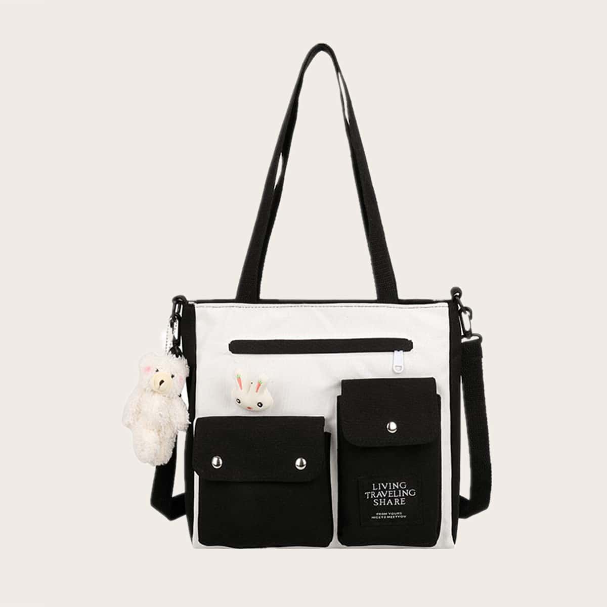 

Pocket Front Canvas Tote Bag, Black and white