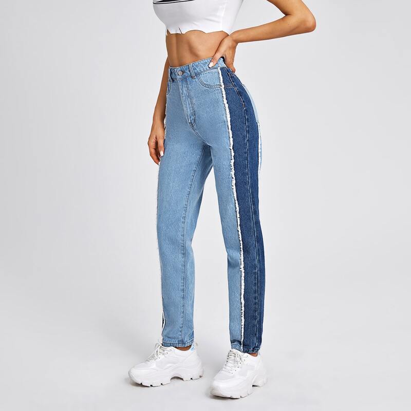 

High Waist Color Block Mom Jeans, Light wash